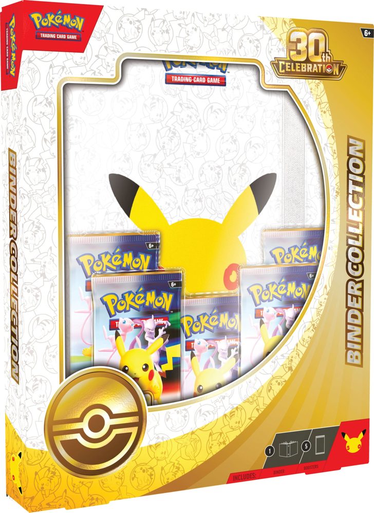Sealed Pokemon TCG: 30th Celebration Binder Collection showing the commemorative Pikachu binder and five booster packs